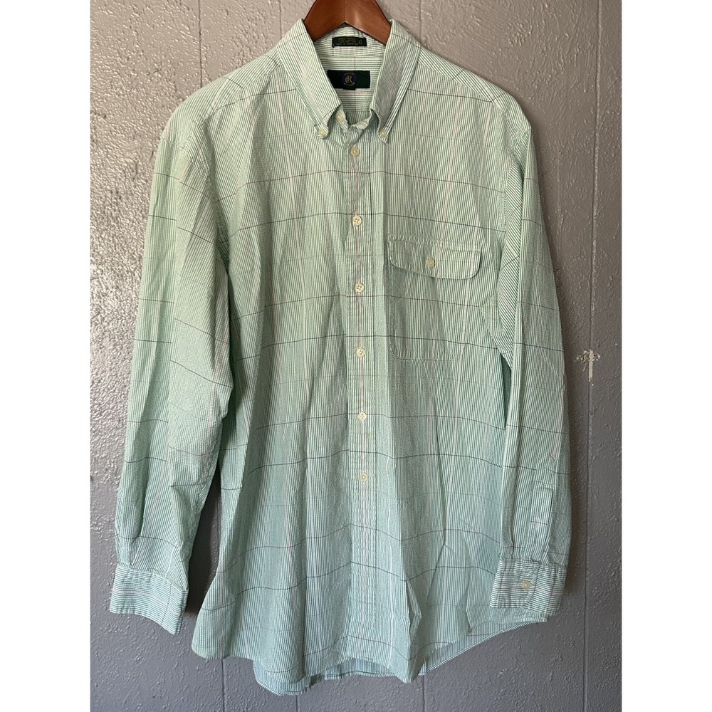 Vintage Club Room Sea Green Long Sleeve Striped Button Down Shirt Size XL Preppy